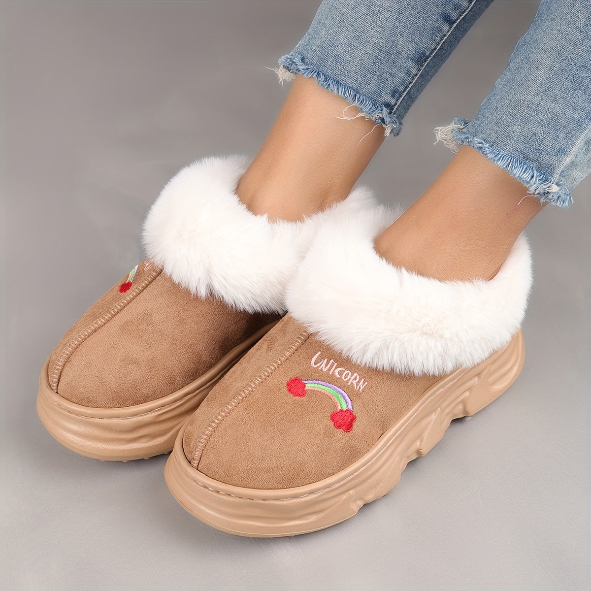 Unisex Short Snow Boots Warm Thick-Soled Winter Boots Rainbow Cartoon Black White