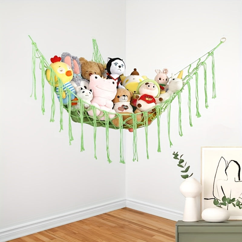 Large Blue Plush Mesh Toy Storage Hammock for Animal-Themed Corners and Wall Decorations