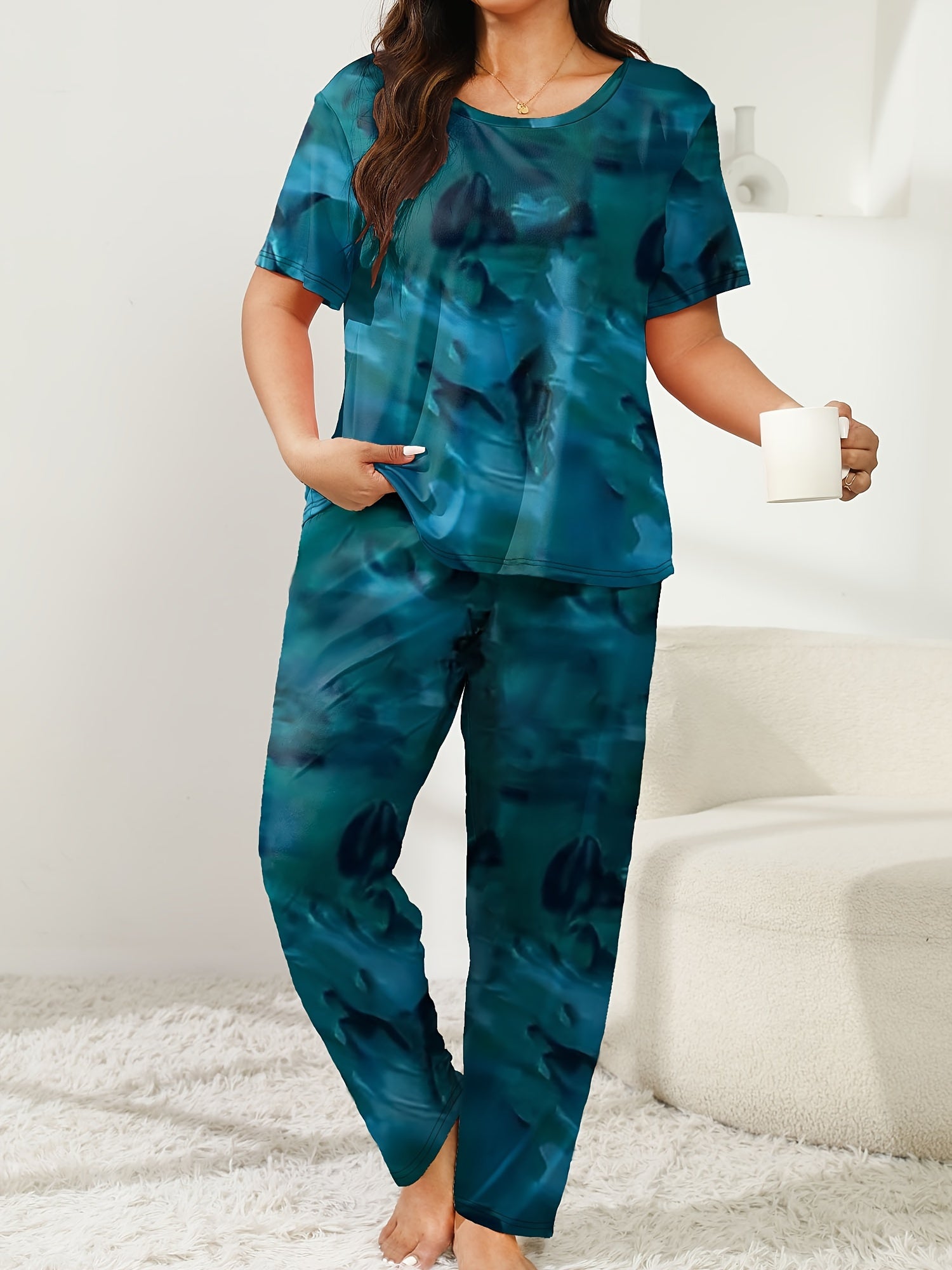 Plus Size Women's Pajama Set Polyester Knit All-Season Short Sleeve Top Long Pants Sleepwear