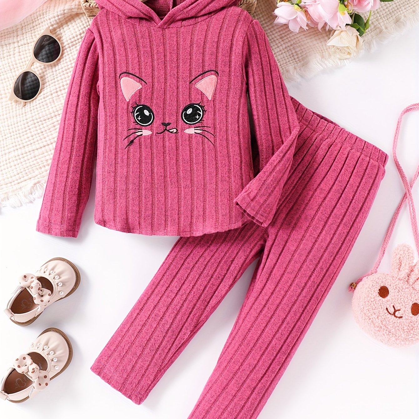 Kids' Cat Print Hooded Top and Soft Pants Set in High Stretch Polyester Knit for Kids 12 and Under