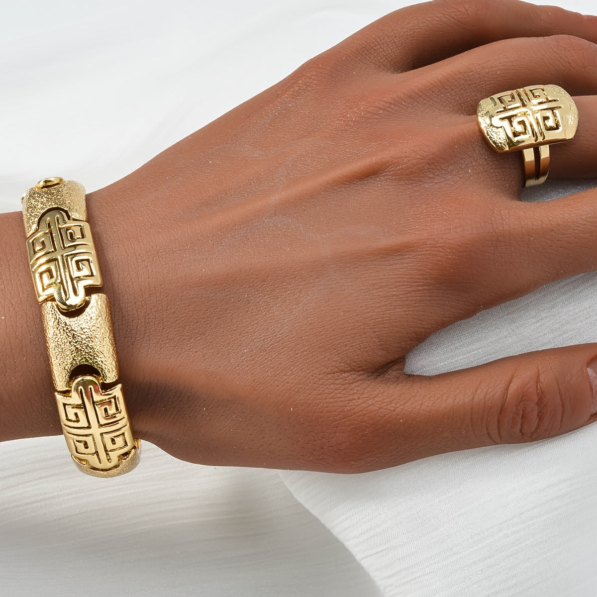 Women's Copper Jewelry Set with Necklace Bracelet Ring and Earrings Gold Textured Frosted Design