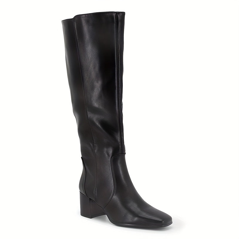 Women's Black Faux Cover Knee-High Boots with Chunky Heel and Zipper