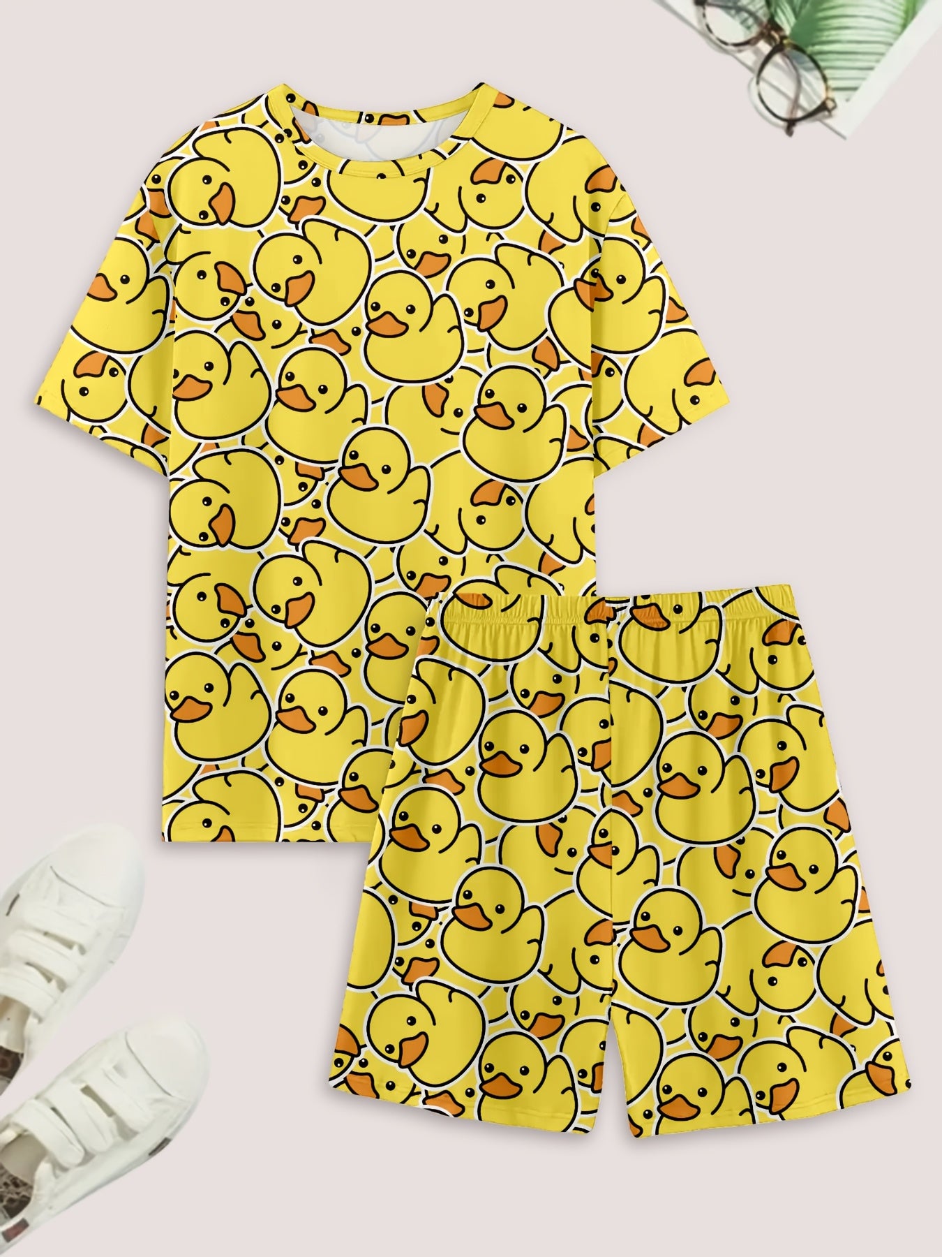 Short Sleeve Duck Print Pajama Set with Crew Neck Top and Shorts