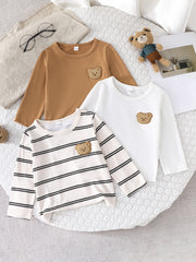 Kids Boys Three-Piece T-Shirt Set Long Sleeve Embroidered Bear Striped and Solid Colors