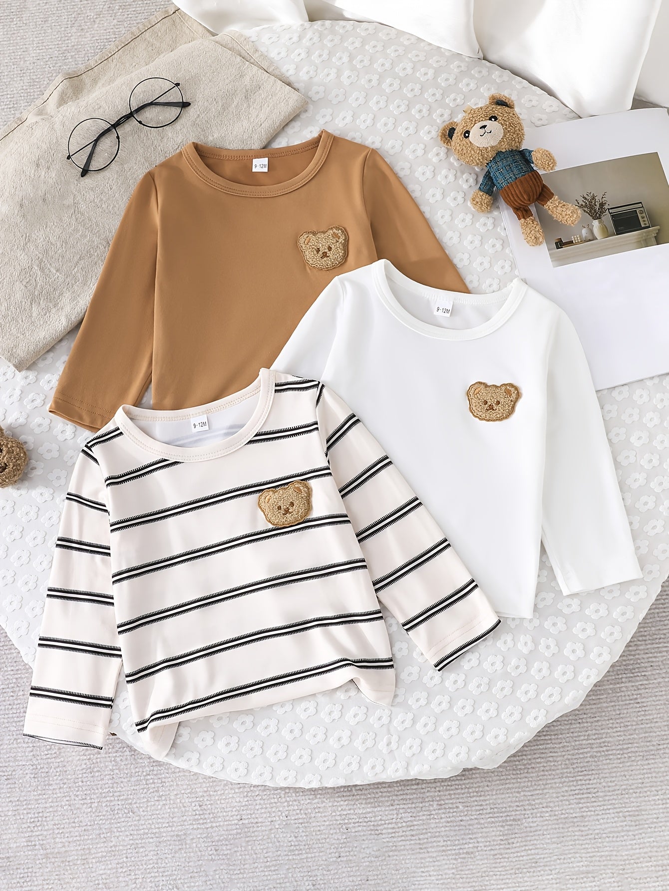 Kids Boys Three-Piece T-Shirt Set Long Sleeve Embroidered Bear Striped and Solid Colors