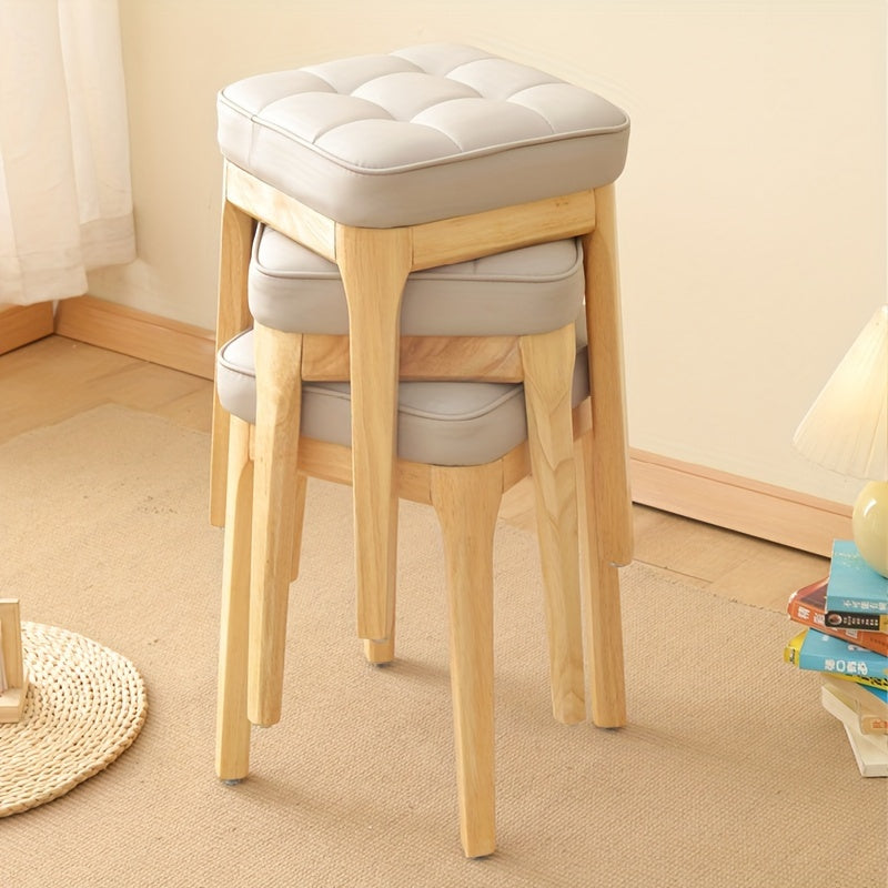 Solid Wood Soft Leather Stackable Square Stool for Living Room or Dressing