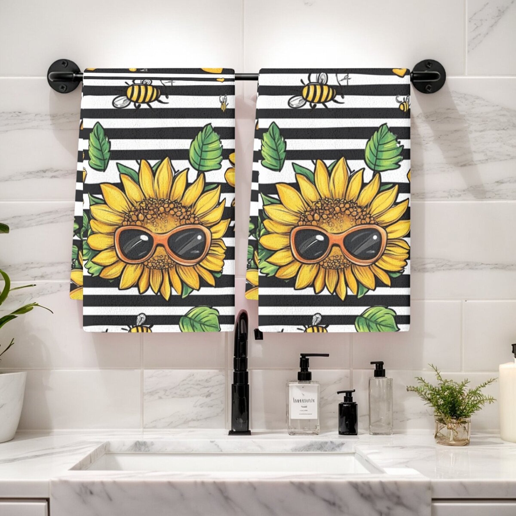 Sunflower Pattern Dish Cloths Set, Woven Polyester Kitchen Towels, Hand Wash