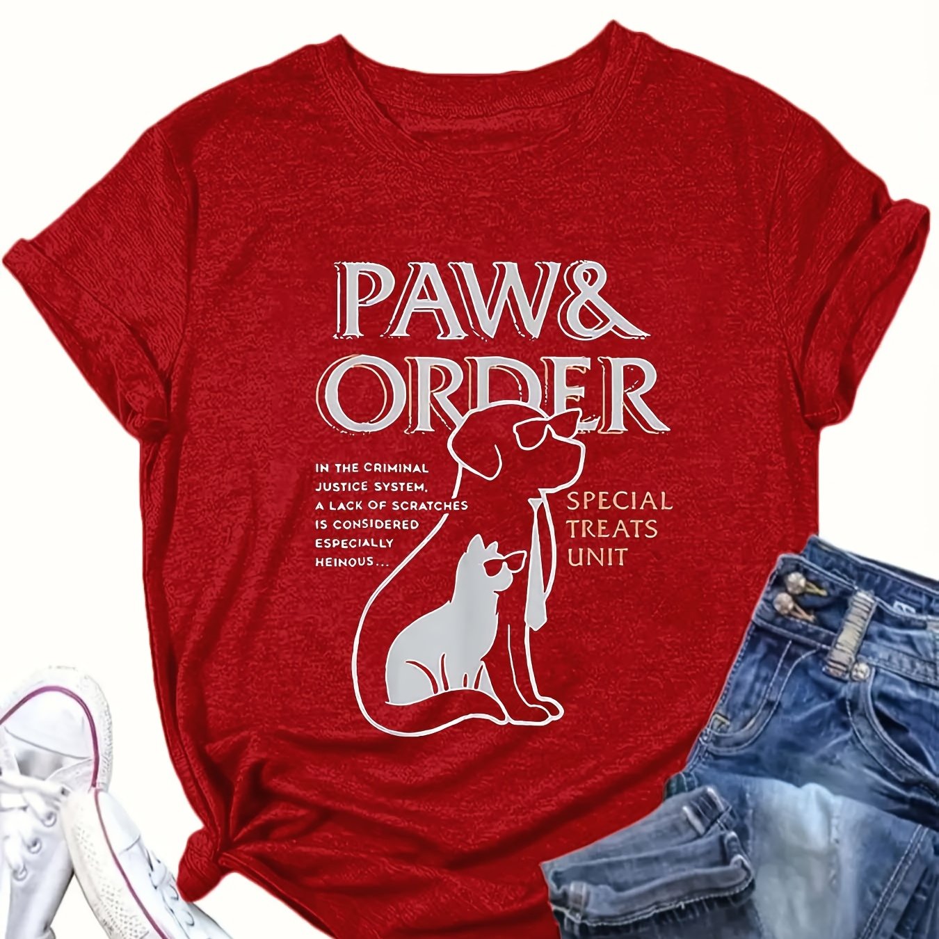 Women's Plus Size Casual T-Shirt with Paw Print Crew Neck All-Season