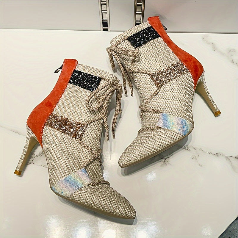 Женские ботинки на щиколотке с блестящими акцентами, полосатая ткань, каблуки-стилетто