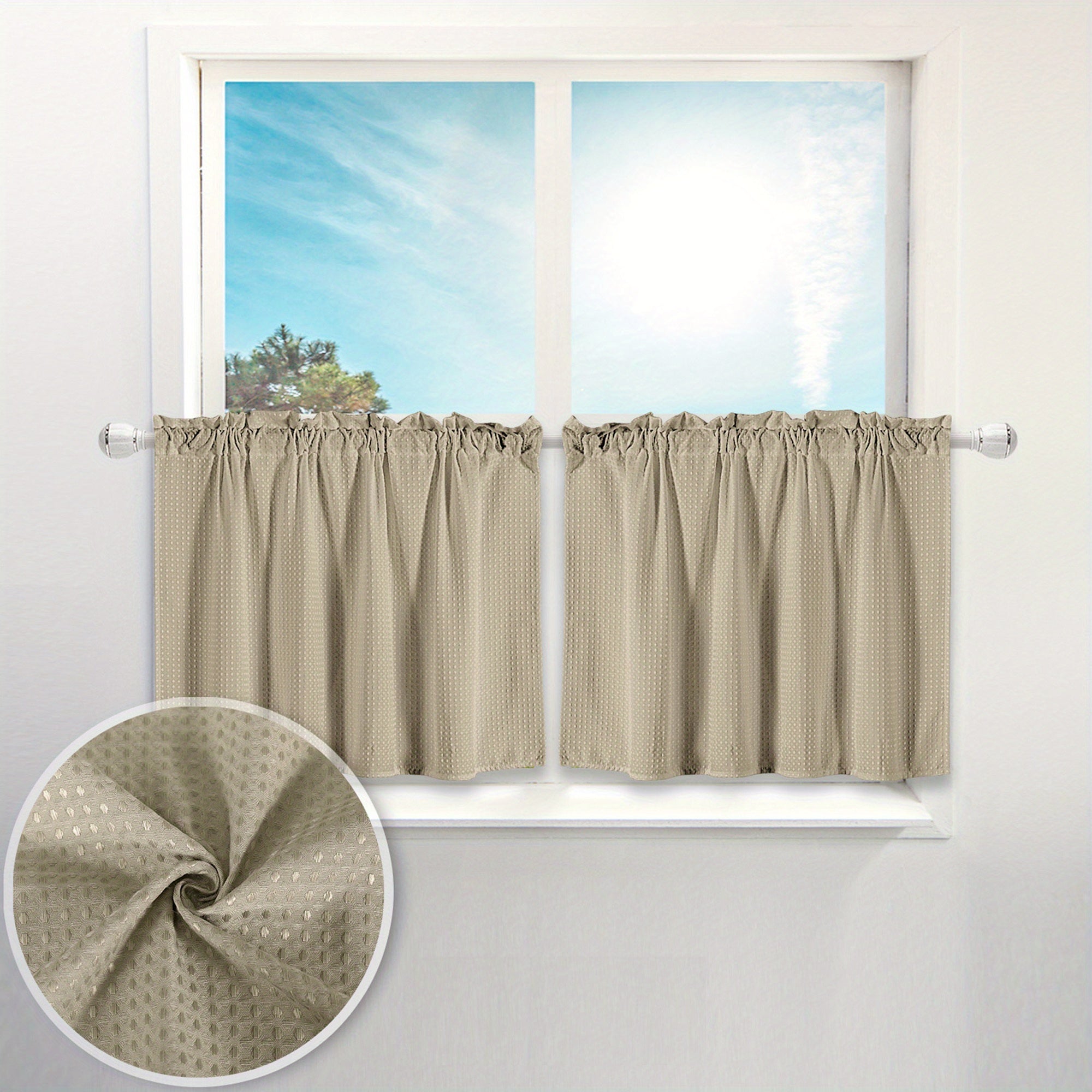 Set of 2 Waterproof Waffle Weave Half Window Curtains for Bathroom Kitchen Coffee Shop