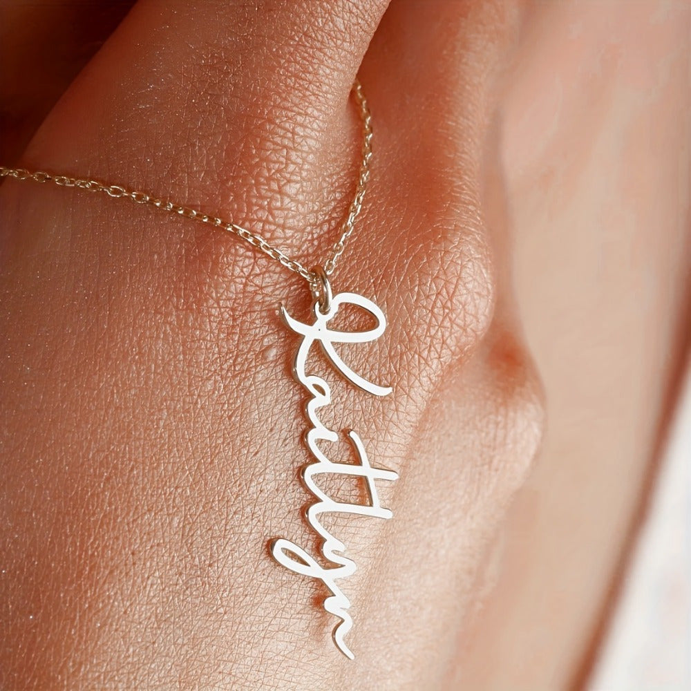 Personalized Stainless Steel Name Necklace Vertical Pendant Cursive Script for Women