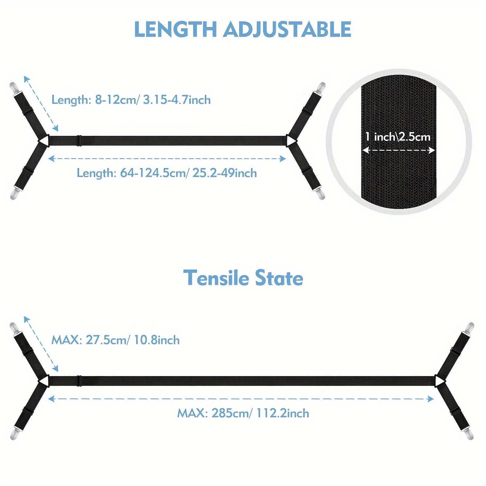 Adjustable Bed Sheet Straps Set of 3 Elastic Fasteners for Fitted Sheets