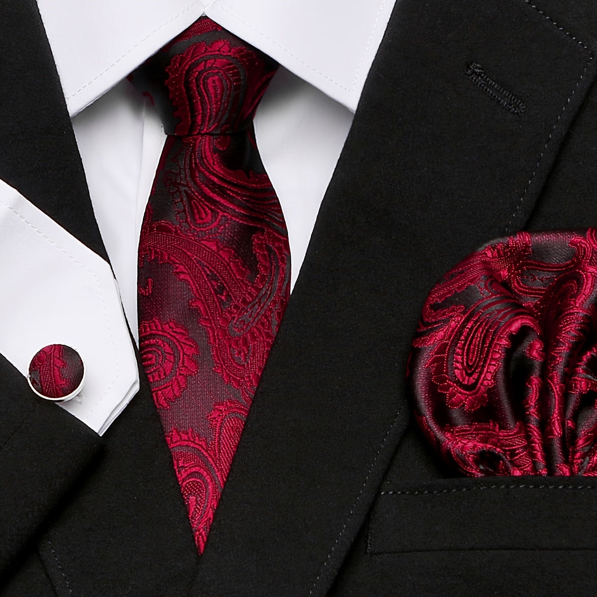 Elegant Paisley Stripe Tie Set with Pocket Square and Cufflinks for Weddings and Formal Events