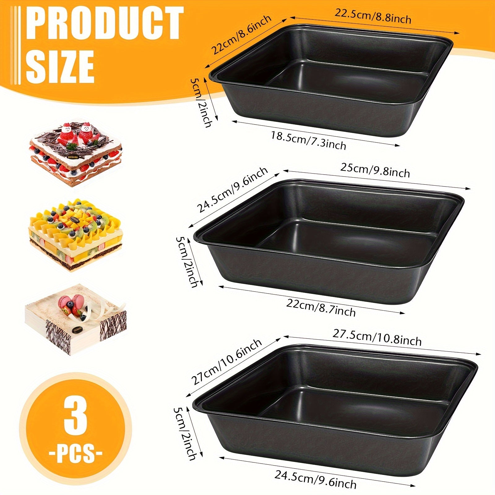 Set of 3 Non-Stick Square Cake Pans 5cm Deep Dishwasher Safe for Brownies