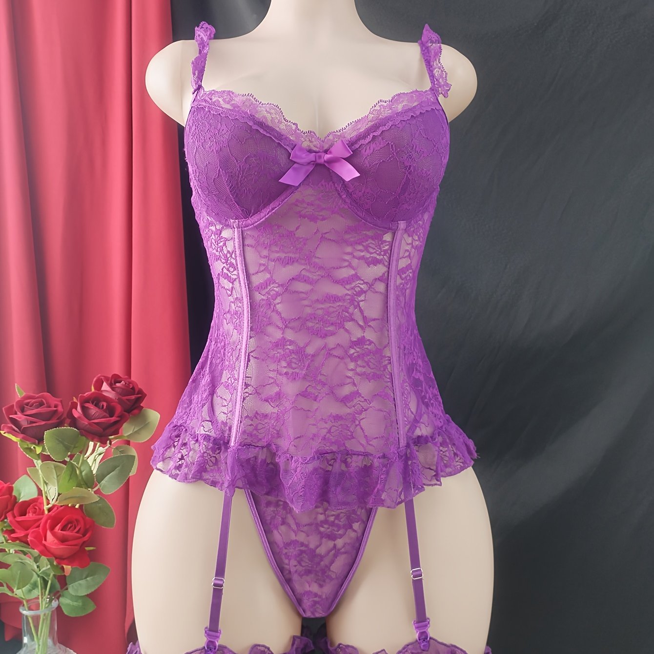 Women's Large Size Lace Suspender Pajama Set with Panties and Leg Ring