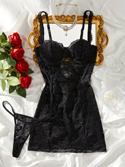Women's Floral Lace Lingerie Set with Semi-Sheer Cami Dress and Thong