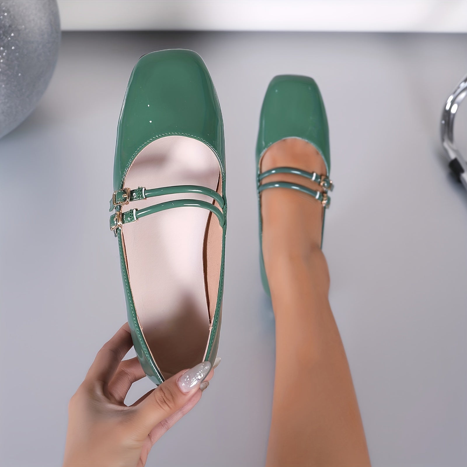 Women's Square Toe Flat Shoes Solid Color Double Buckle Flats