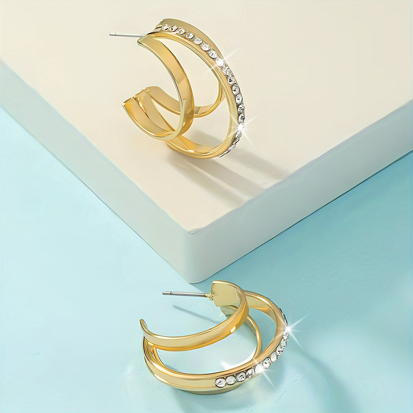 Women's Rhinestone Decor Triple Layer Hoop Earrings Gold Silver Elegant Jewelry