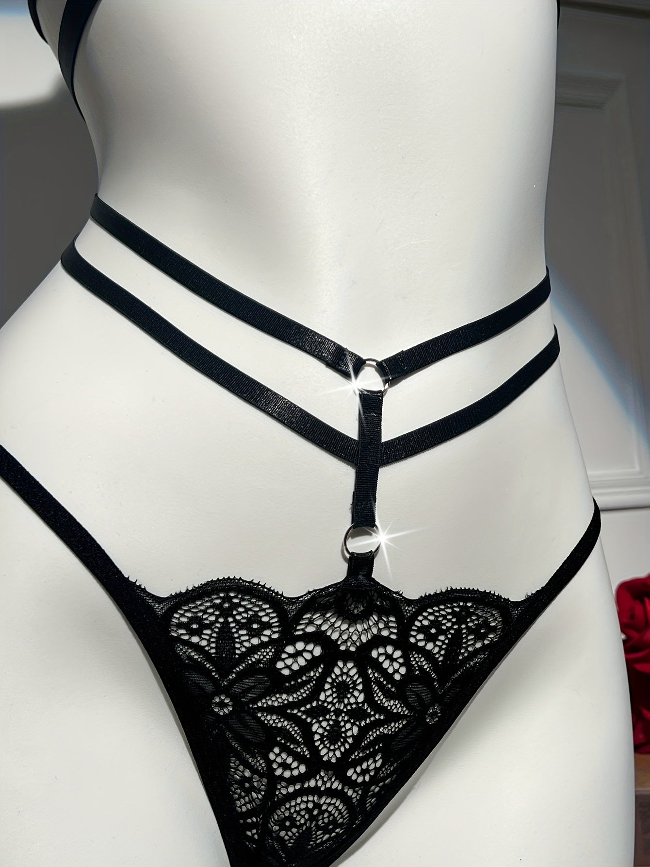 Women's Floral Lace Lingerie Set with Cut-Out Push-Up Bra and Strappy Thong