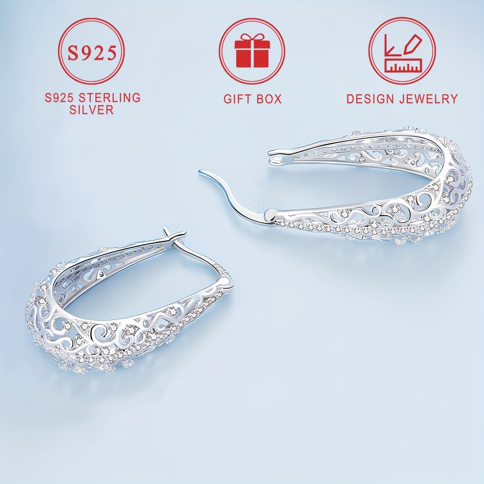 Large Silver Earrings with Zirconia Flower Pattern 18K Gold Plated Hypoallergenic