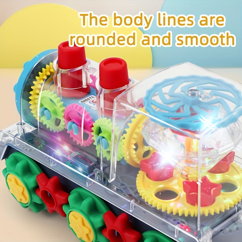 Interactive Red Plastic Toy Train with Lights Music Gear Linkage Rotating Station
