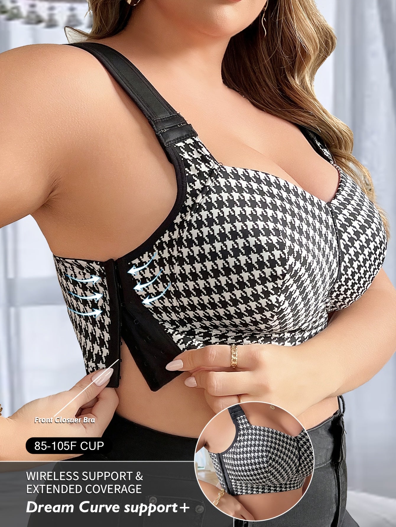 Plus Size Houndstooth Bralette Wireless No Padding Medium Stretch Knit Fabric