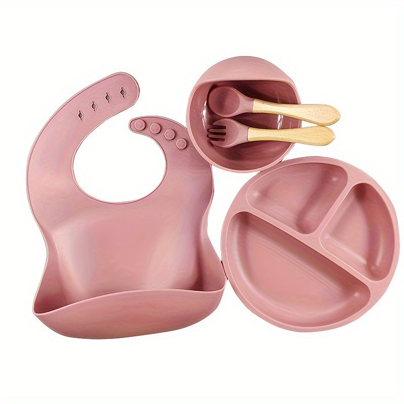 Set of 5 Baby Self-Feeding Utensils Toddler Weaning Kit with Bib Bowl Plate Spoon
