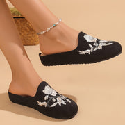 Women's Black Embroidered Floral Mules with Rubber Sole and Faux Lining