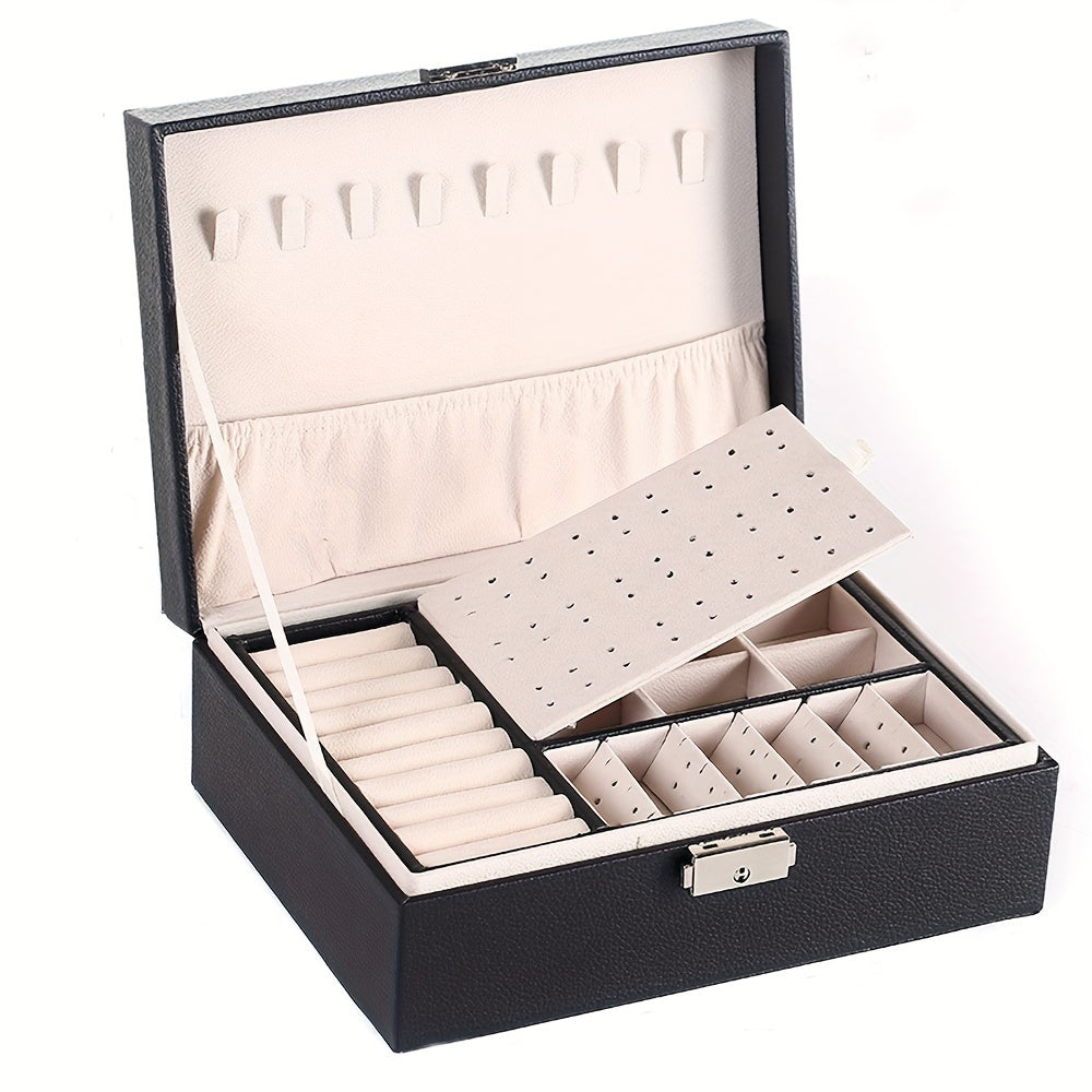 Elegant Faux Leather Triple-Layer Jewelry Box with Lock for Earrings and Accessories