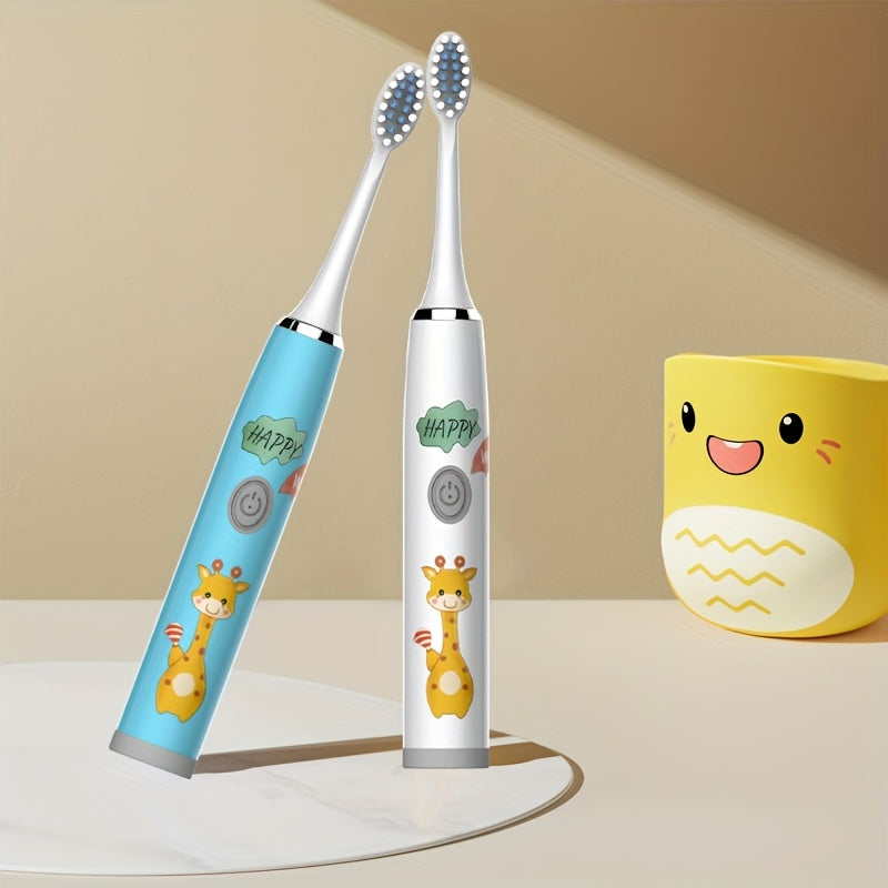 Kids Electric Toothbrush Blue White Giraffe Design Battery Powered for Ages 3-15