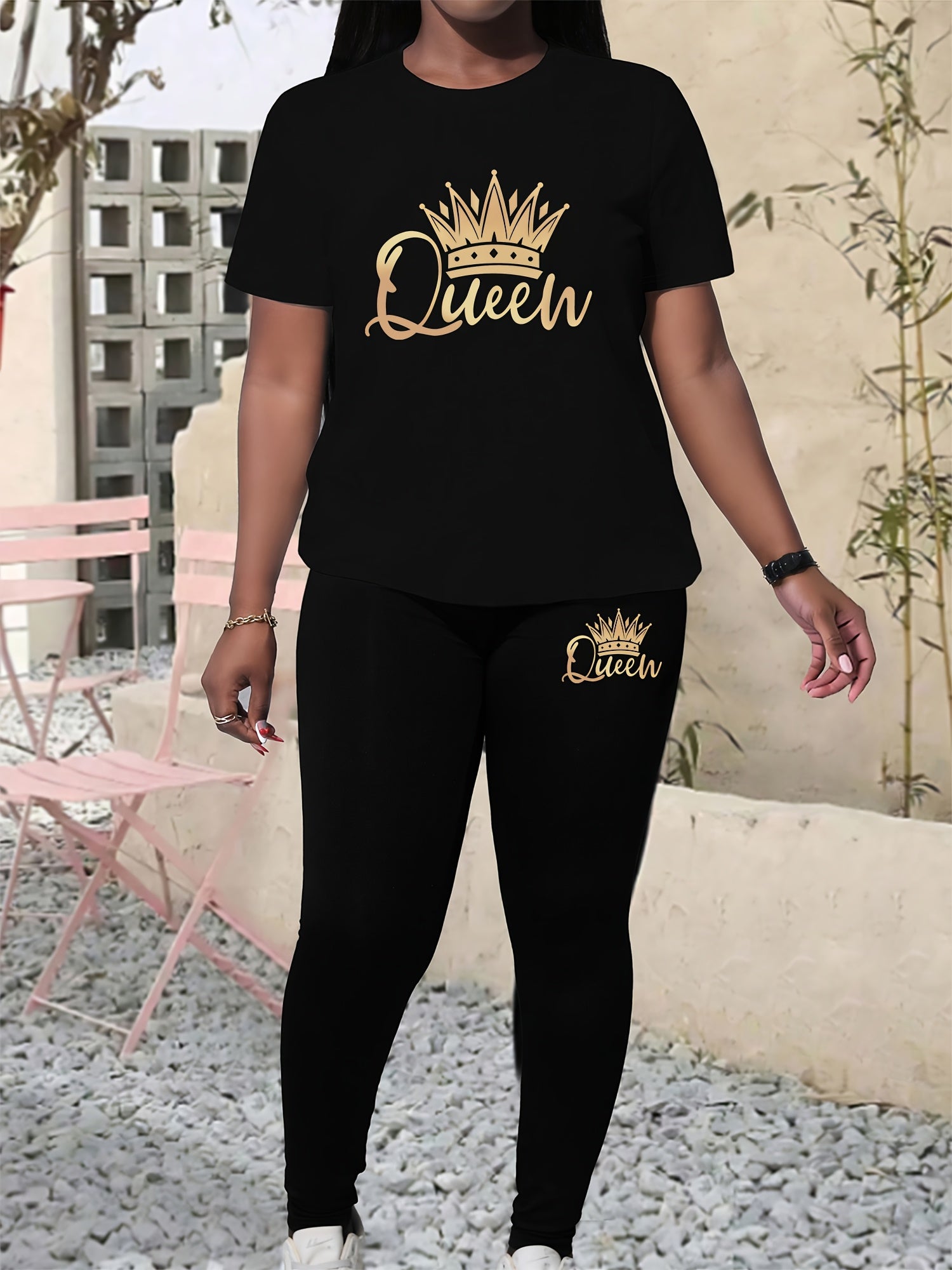 Women's Sports Short Sleeve Suit Crown Print 2pcs Set Elastic Casual