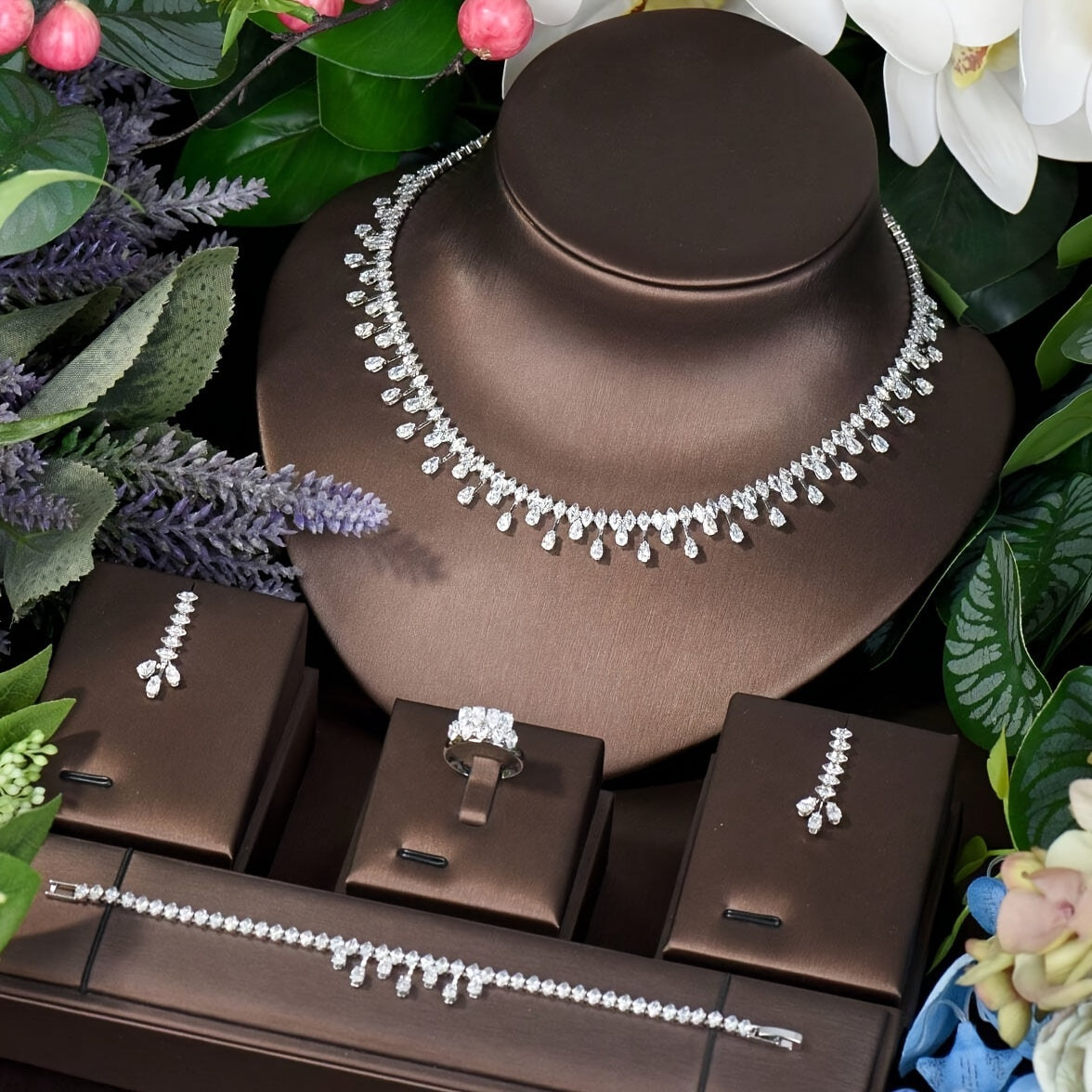 Luxury Wedding Jewelry Set for Women with Cubic Zirconia Necklace Earrings Bracelet Ring