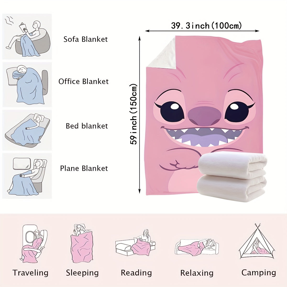 Pink Plush Throw Blanket with Cartoon Design Soft Polyester Knit for Bed Sofa Travel