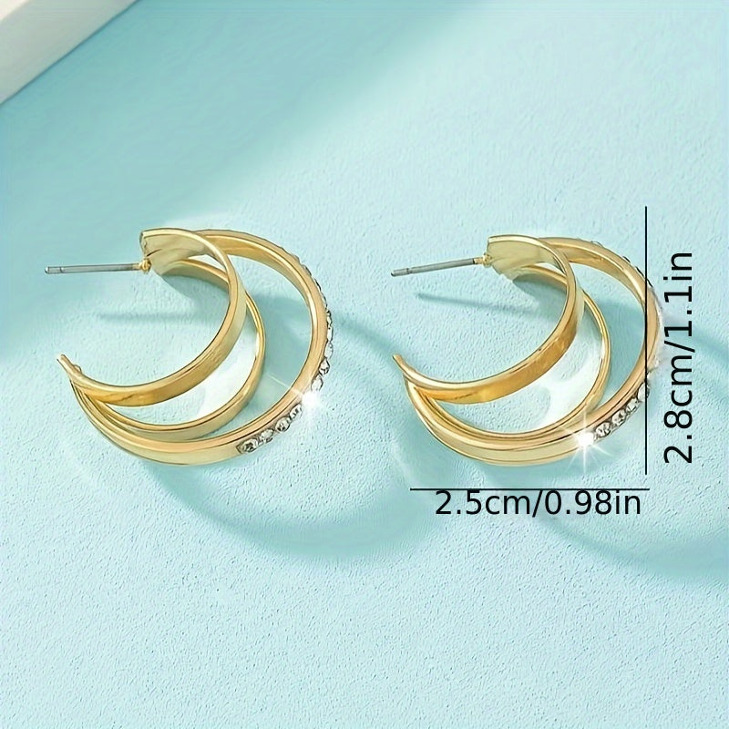 Women's Rhinestone Decor Triple Layer Hoop Earrings Gold Silver Elegant Jewelry
