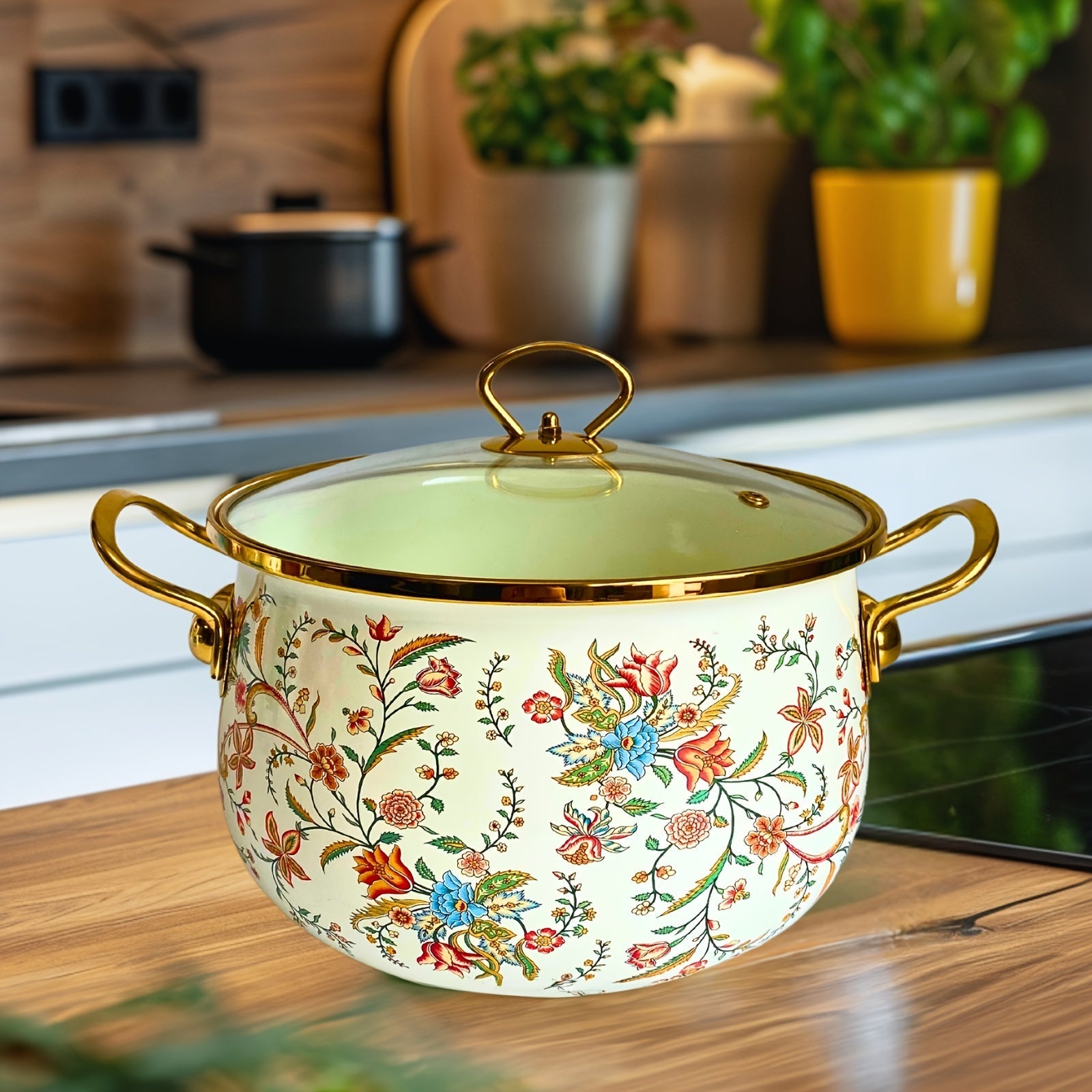 European Style Enameled Pot Set with Floral Design Non-Stick Coating Various Sizes
