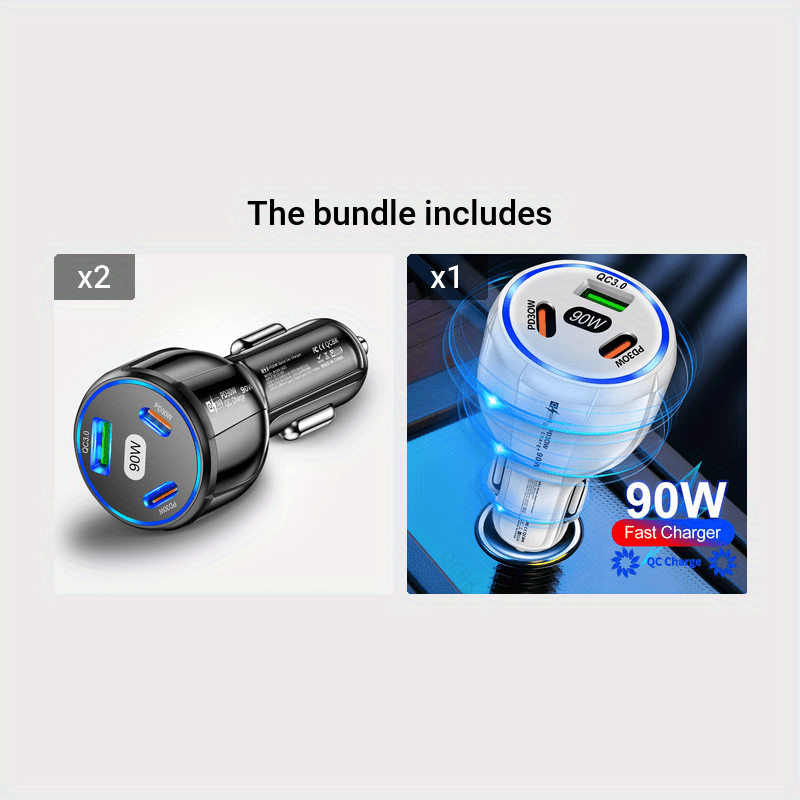 Universal 90W 3-port avtomobil zaryadlovchi tez zaryadlash adapteri telefonlar uchun