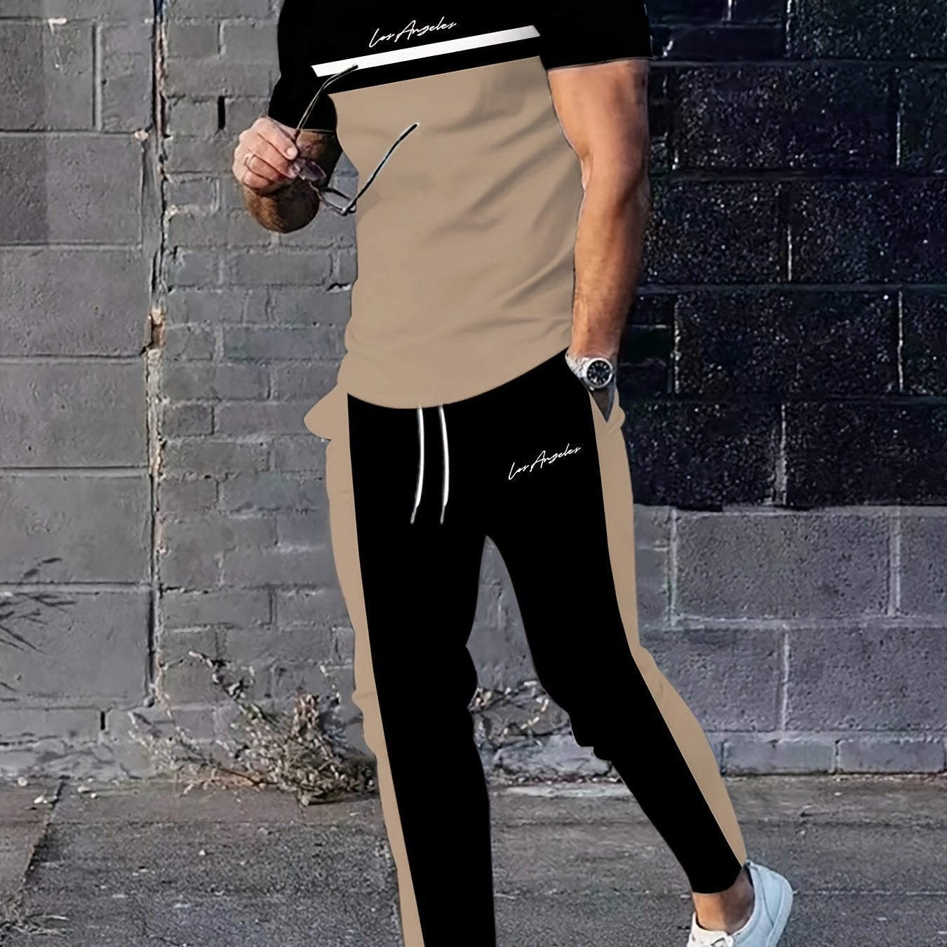 Мужской двухцветный комплект из полиэстера для повседневной спортивной одежды на весну и лето