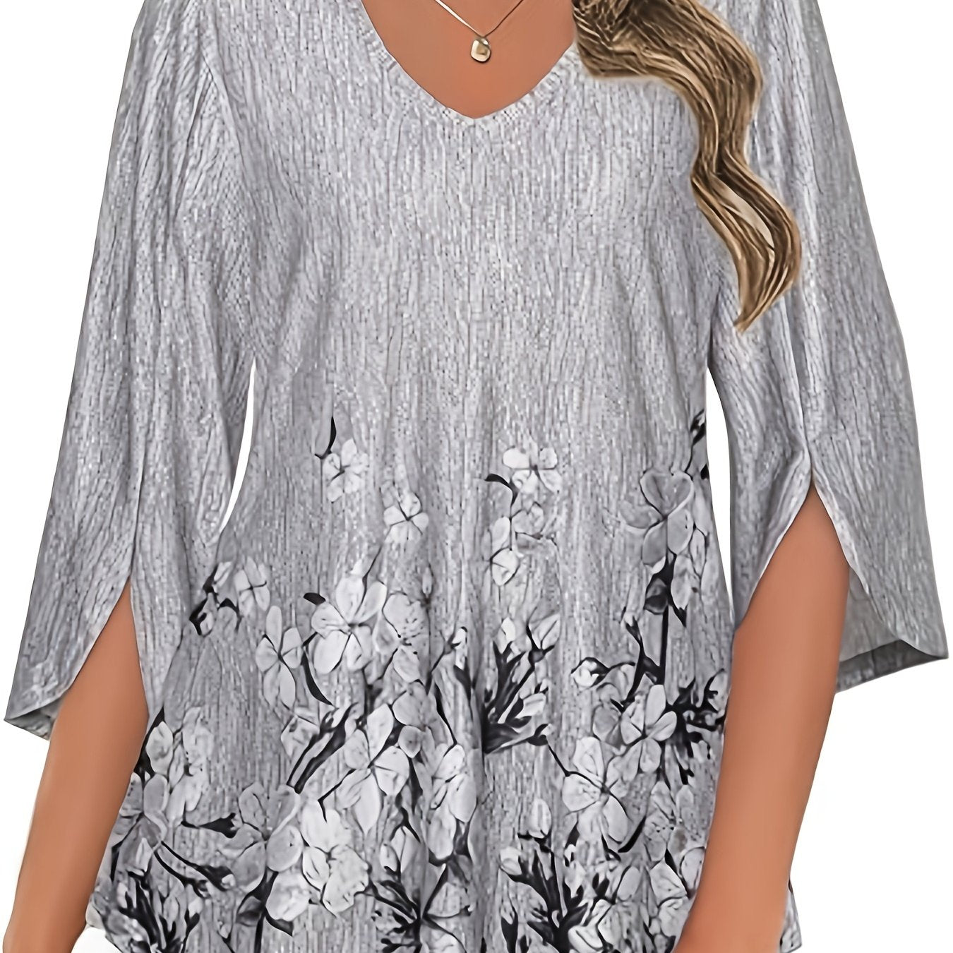 Women's V-Neck Longline Blouse with Floral Print, 3/4 Sleeves, Casual Fit