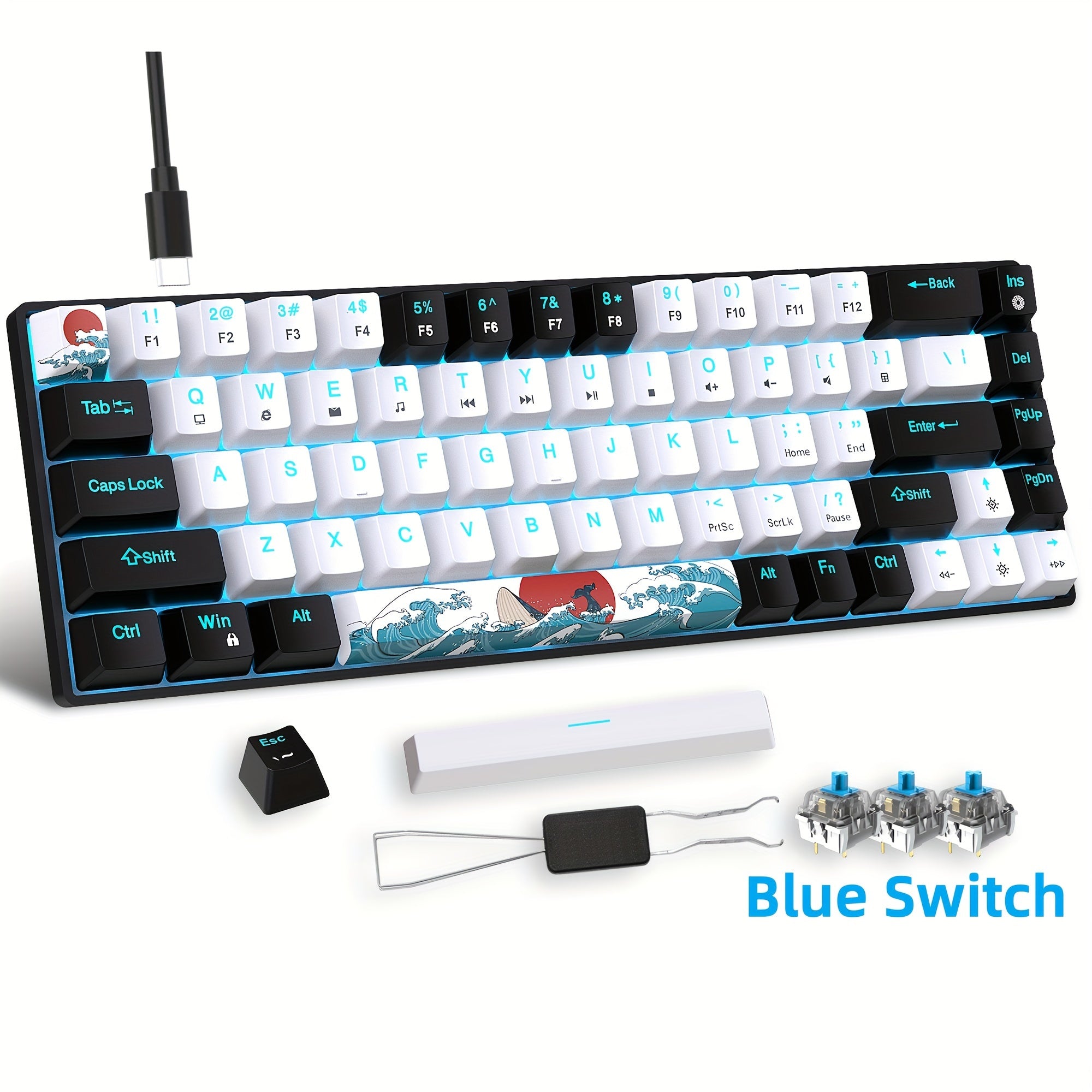 Mechanical Gaming Keyboard 68 Keys Blue Switch Backlit USB-C Windows Mac Laptop