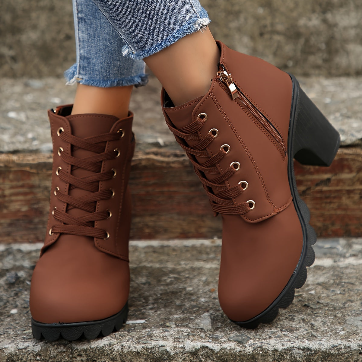 Women's Chunky Heeled Ankle Boots Solid Color Lace Up Side Zipper Retro Short Boots