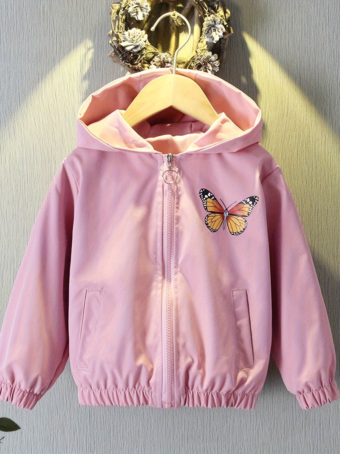 Girls Butterfly Sequin Hooded Jacket Spring Fall Casual Zip-Up Coat