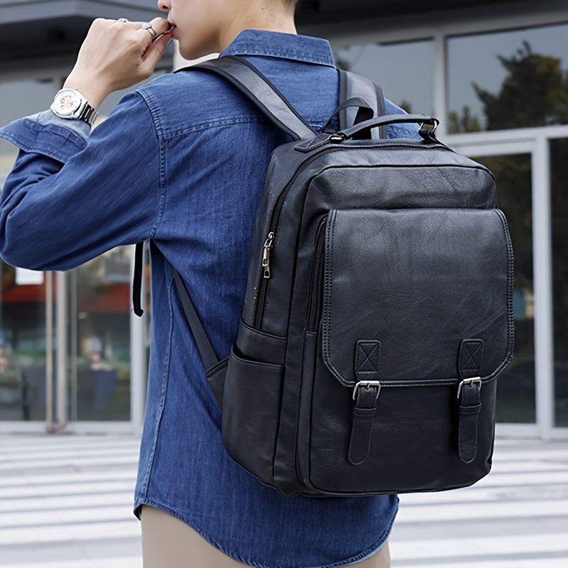 Mochila para portátil impermeable de cuero sintético para hombre en negro para portátil de 15,6 pulgadas, compatible con TSA