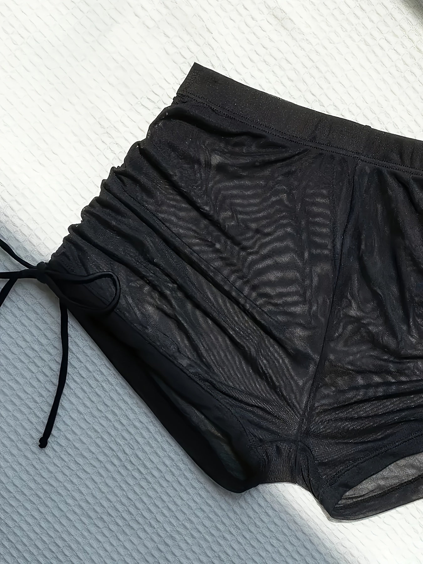 Women's Solid Color Mesh Swim Shorts Semi-Sheer Side Tie Ruched Bikini Bottoms