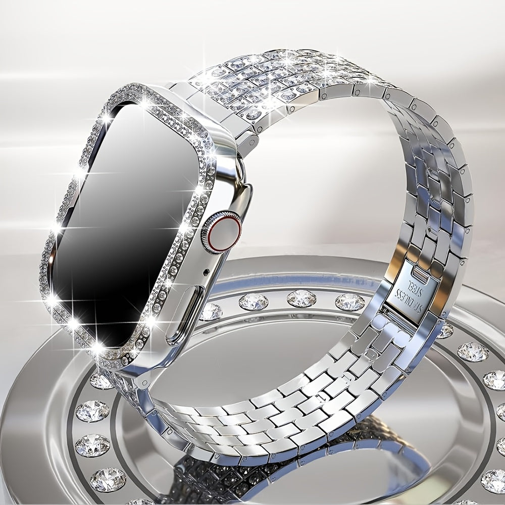 2-в-1 ремешок для часов с полым корпусом, совместимый с ремешками Apple Watch 38mm-46mm + корпус. Женские украшения, сверкающий заменяемый металлический ремешок с алмазными стразами и 2 шт. защитного покрытия из ПК. Нет