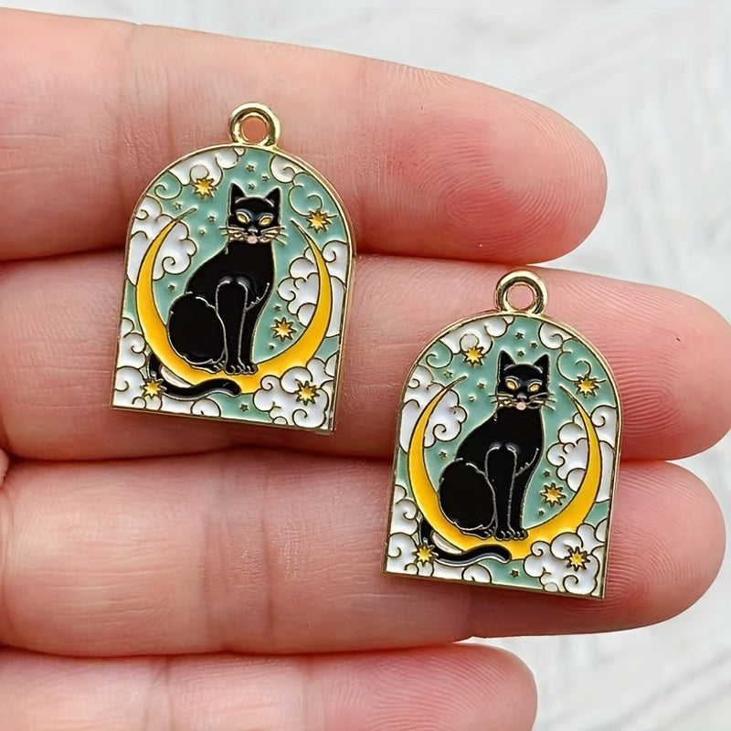 Set of 8 Sun and Moon Cat Charms Enamel Gold Plated Jewelry Pendants for DIY Necklaces and Earrings