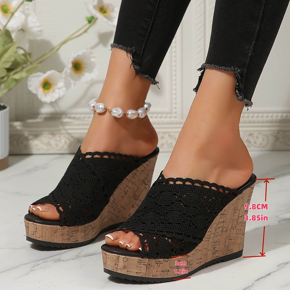 Women's Black Lace-Up Platform Shoes with Wooden Sole and Peep Toe