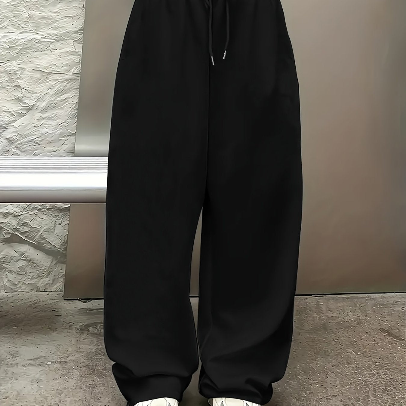 Women's Black Straight-Leg Joggers Casual Athletic Pants with Drawstring Waist Lightweight Polyester