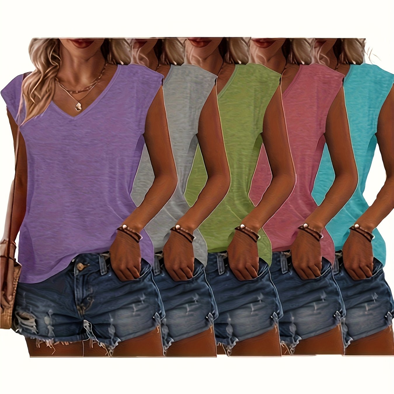 Women Solid Color V-Neck T-Shirts Short Sleeve Casual Spring Summer