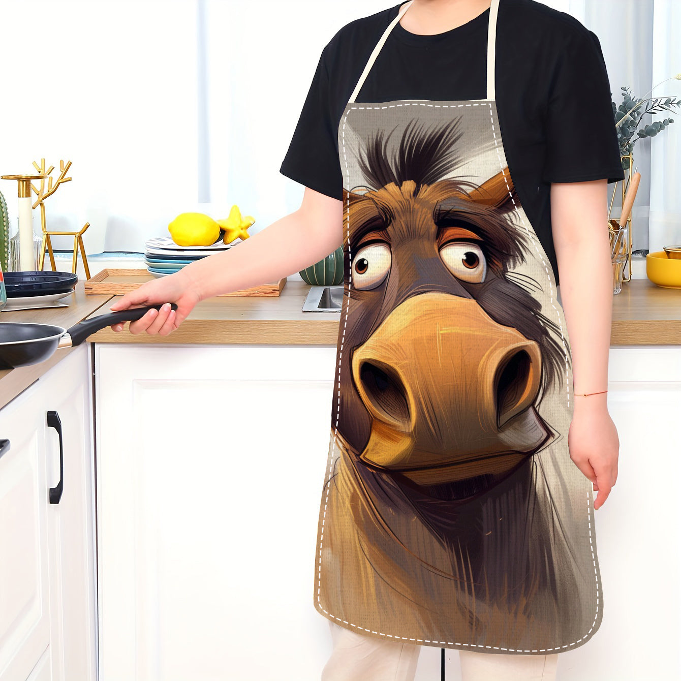 Delantal de lino sin mangas para adultos con estampado de cara de caballo, resistente delantal de cocina