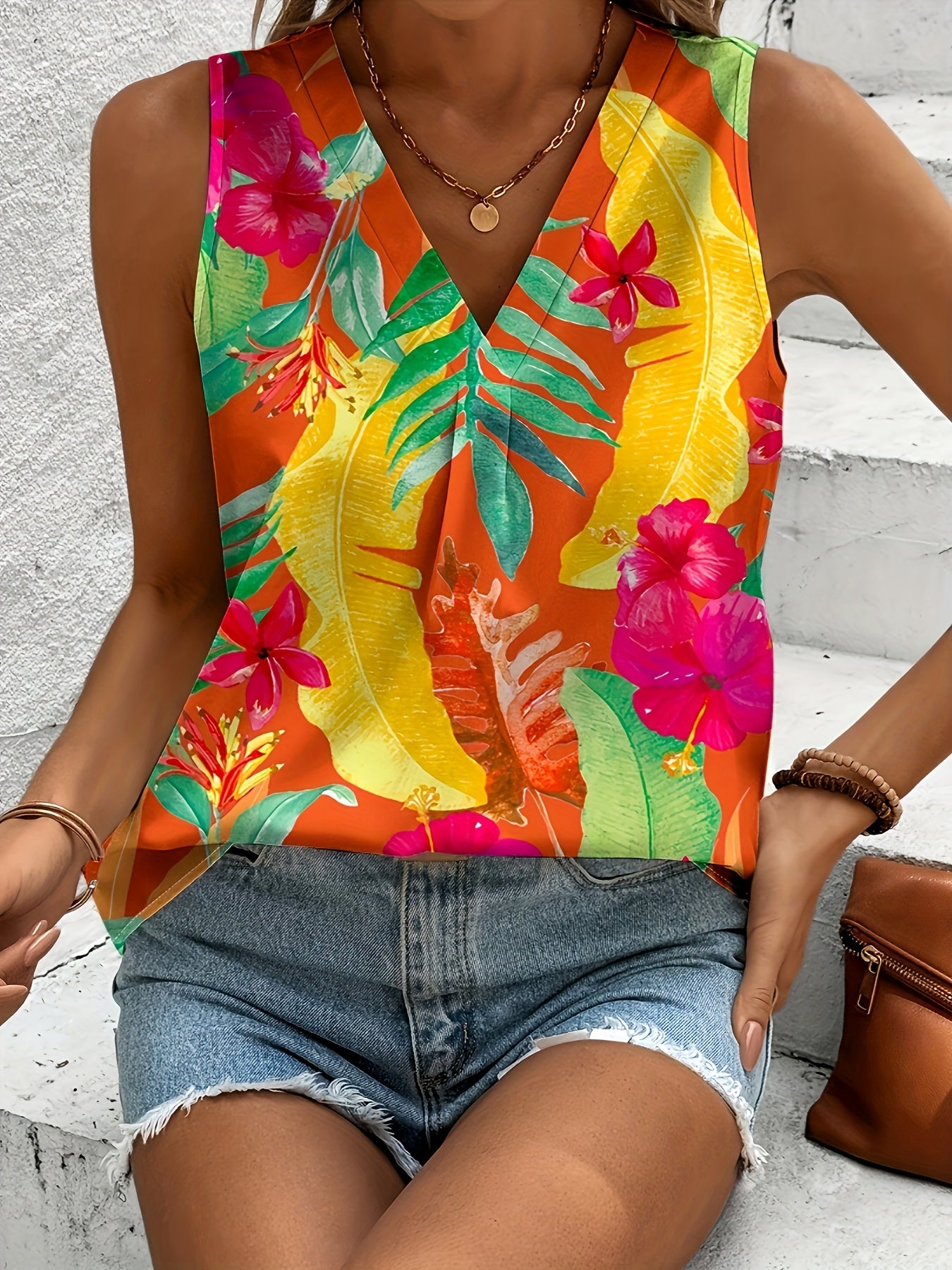 Топ без рукавов с цветочным принтом для женщин больших размеров, с V-образным вырезом, для пляжного отдыха и повседневной носки